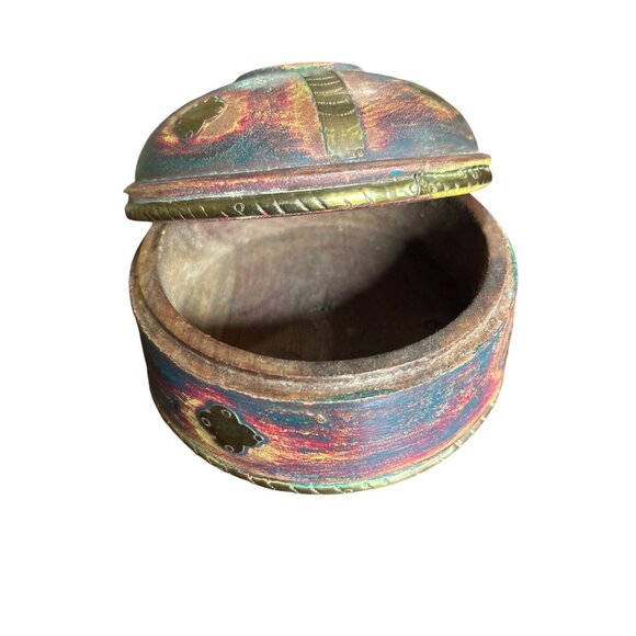 Vintage Handcrafted Wooden Trinket Box W/ Intricate Brass Inlay Lid - Picture 3 of 9